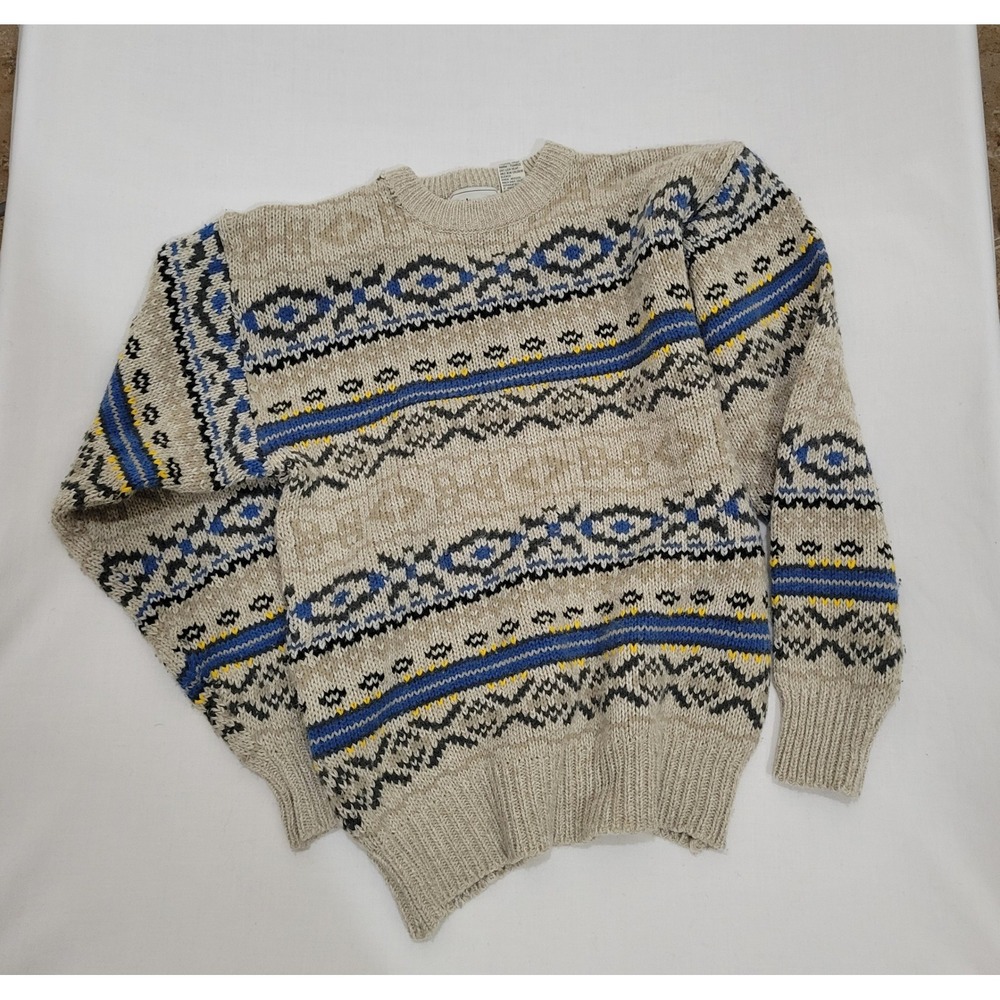 Vintage Apparel Workshop Fair Isle Wool Blend Sweater Blue Tan Geometric Medium